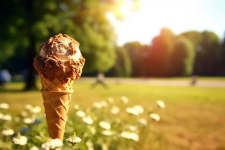 Delectable ice cream cone set against a vibrant summer-themed backdrop.の素材