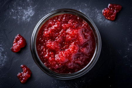 A jar filled with luscious homemade jam, capturing the essence of fresh fruits.の素材