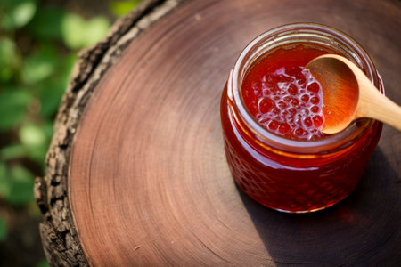 A jar filled with luscious homemade jam, capturing the essence of fresh fruits.の素材