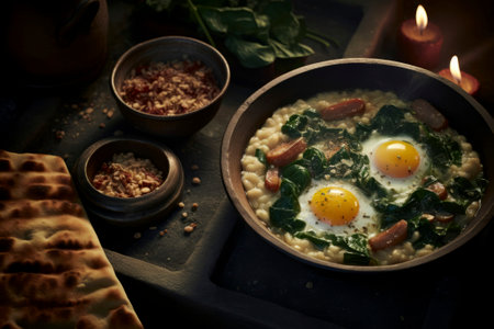 A delightful composition of Mediterranean dishes showcased on a rustic setting.の素材
