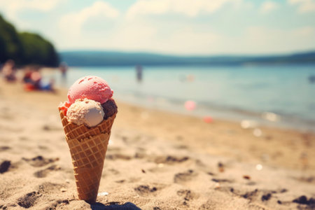 Delectable ice cream cone set against a vibrant summer-themed backdrop.の素材