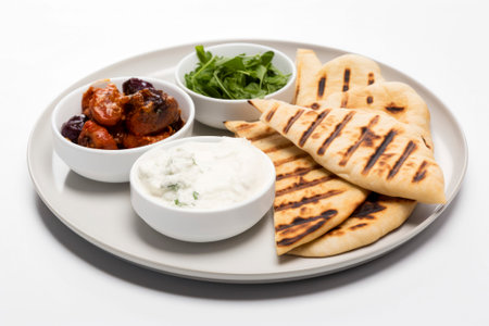 Assorted Mediterranean food ingredients elegantly presented on a clean white background.の素材