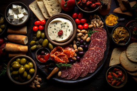 A delightful composition of Mediterranean dishes showcased on a rustic setting.の素材