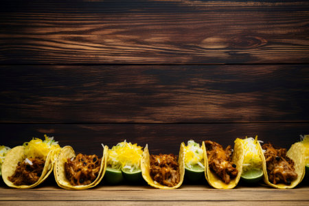 An inviting composition of traditional Mexican tacos, showcasing a burst of colors and flavors. Copy space imageの素材