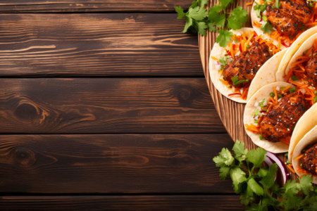 An inviting composition of traditional Mexican tacos, showcasing a burst of colors and flavors. Copy space imageの素材