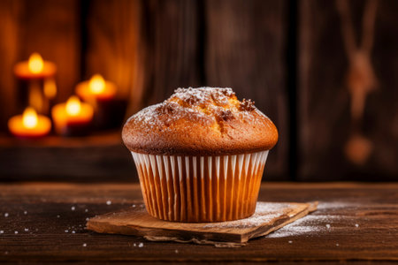 Delicious muffin dessert beautifully presented on a rustic backdrop, exuding warmth.の素材