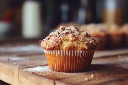 Delicious muffin dessert beautifully presented on a rustic backdrop, exuding warmth.の素材