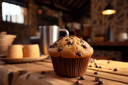 Delicious muffin dessert beautifully presented on a rustic backdrop, exuding warmth.の素材