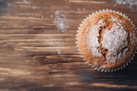 Delicious muffin dessert beautifully presented on a rustic backdrop, exuding warmth.の素材