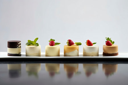 Exquisite mousse dessert meticulously decorated and bursting with flavour. White background Imageの素材