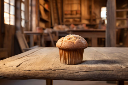 Delicious muffin dessert beautifully presented on a rustic backdrop, exuding warmth.の素材