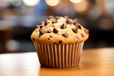 Delicious muffin dessert beautifully presented on a rustic backdrop, exuding warmth.の素材