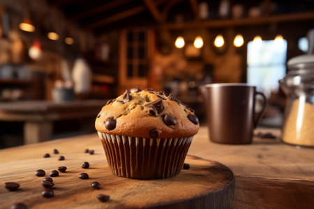 Delicious muffin dessert beautifully presented on a rustic backdrop, exuding warmth.の素材