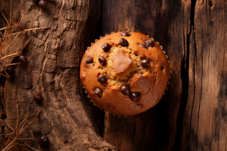 Delicious muffin dessert beautifully presented on a rustic backdrop, exuding warmth.の素材
