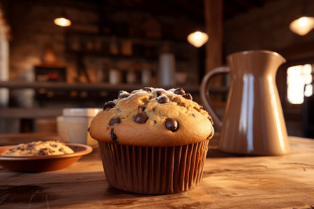 Delicious muffin dessert beautifully presented on a rustic backdrop, exuding warmth.の素材