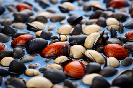 Detailed texture of a seashell against the fine grains of sandy beach, highlighting nature's artistry.の素材