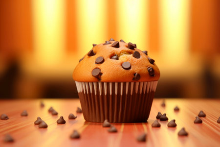 Delicious muffin dessert beautifully presented on a rustic backdrop, exuding warmth.の素材