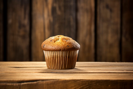 Delicious muffin dessert beautifully presented on a rustic backdrop, exuding warmth.の素材