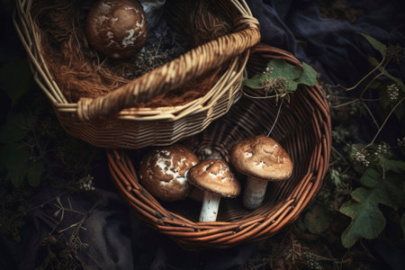 Fresh mushrooms artfully arranged on a rustic textured background, highlighting natural flavors.の素材