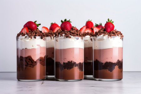 Exquisite mousse dessert meticulously decorated and bursting with flavour. White background Imageの素材