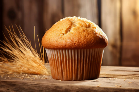 Delicious muffin dessert beautifully presented on a rustic backdrop, exuding warmth.の素材