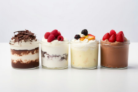 Exquisite mousse dessert meticulously decorated and bursting with flavour. White background Imageの素材