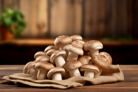 Fresh mushrooms artfully arranged on a rustic textured background, highlighting natural flavors.の素材
