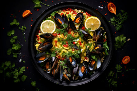 Artful arrangement of fresh mussels, highlighting their deep marine appeal in culinary settings.の素材