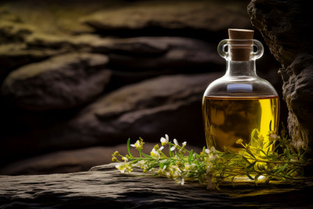 Authentic olive oil displayed in a classic setting with a rustic, textured background, emphasizing tradition.の素材