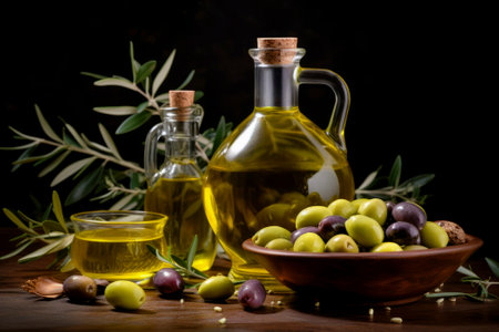 Authentic olive oil displayed in a classic setting with a rustic, textured background, emphasizing tradition.の素材