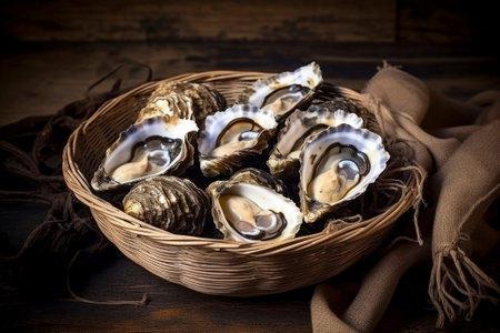 A delicious food composition featuring succulent oysters. Gourmet seafood photography on displayの素材