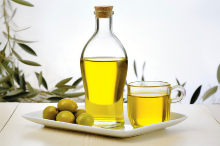 A captivating food composition of olive oil on a clean white background, highlighting its natural beauty.の素材