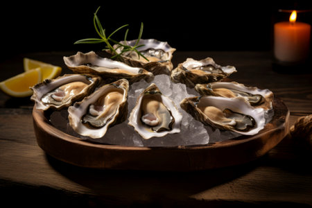 A delicious food composition featuring succulent oysters. Gourmet seafood photography on displayの素材