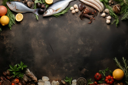 Vibrant food composition showing a variety of fresh ingredients used in preparing fish dishesの素材