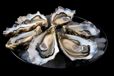 A delicious food composition featuring succulent oysters. Gourmet seafood photography on displayの素材