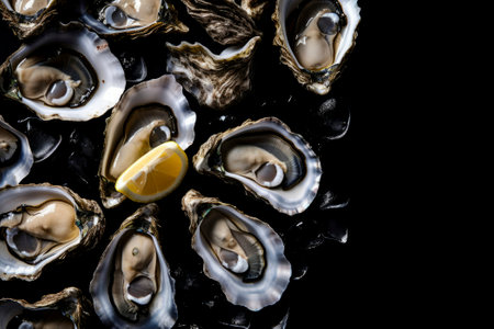A delicious food composition featuring succulent oysters. Gourmet seafood photography on displayの素材