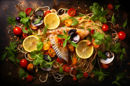 A mouthwatering food composition featuring perfectly cooked pasta and succulent fish.の素材