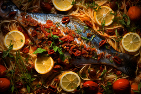 A mouthwatering food composition featuring perfectly cooked pasta and succulent fish.の素材