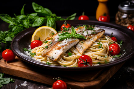 A mouthwatering food composition featuring perfectly cooked pasta and succulent fishの素材