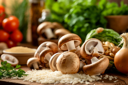 Vibrant composition of Mediterranean mushrooms and ingredients. Rustic culinary concept.の素材