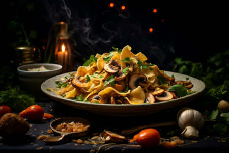 A mouthwatering composition of pasta combined with flavorful mushrooms, elegantly presentedの素材