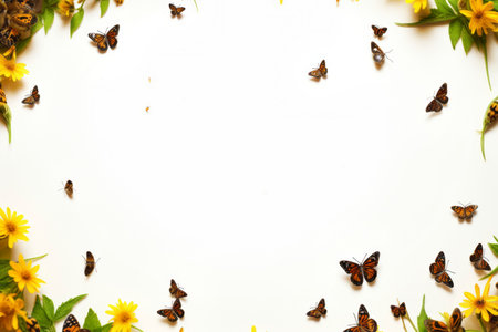 Beautiful frame composed of flowers and butterflies on a white background, perfect for copy spaceの素材