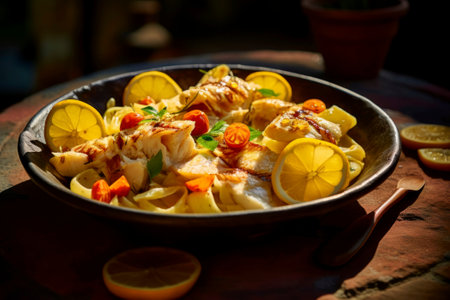 A mouthwatering food composition featuring perfectly cooked pasta and succulent fish.の素材
