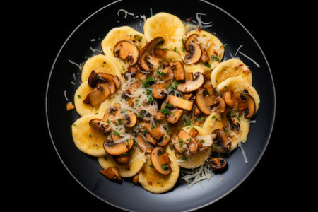 A mouthwatering composition of pasta combined with flavorful mushrooms, elegantly presentedの素材
