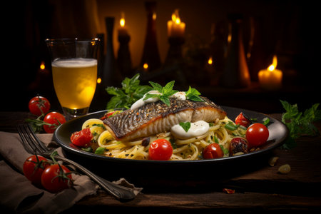 A mouthwatering food composition featuring perfectly cooked pasta and succulent fishの素材