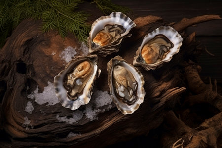 A delicious food composition featuring succulent oysters. Gourmet seafood photography on display. Image with copy space.の素材