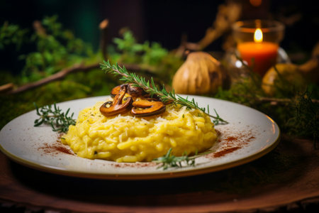 Delicious risotto dish with perfectly cooked mushrooms, highlighting authentic Italian cuisineの素材