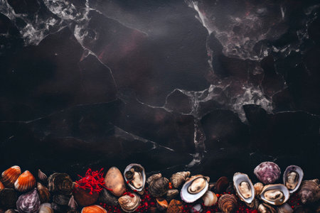 Close-up top view of shellfish texture showing intricate details with space for text.の素材