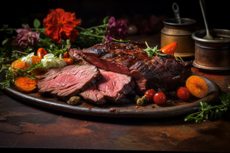 Savory roasted beef elegantly presented, capturing the essence of gourmet dining.の素材