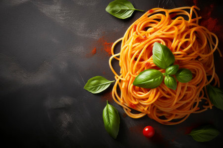 Perfectly cooked spaghetti immersed in a rich tomato sauce, a classic Italian dish.の素材